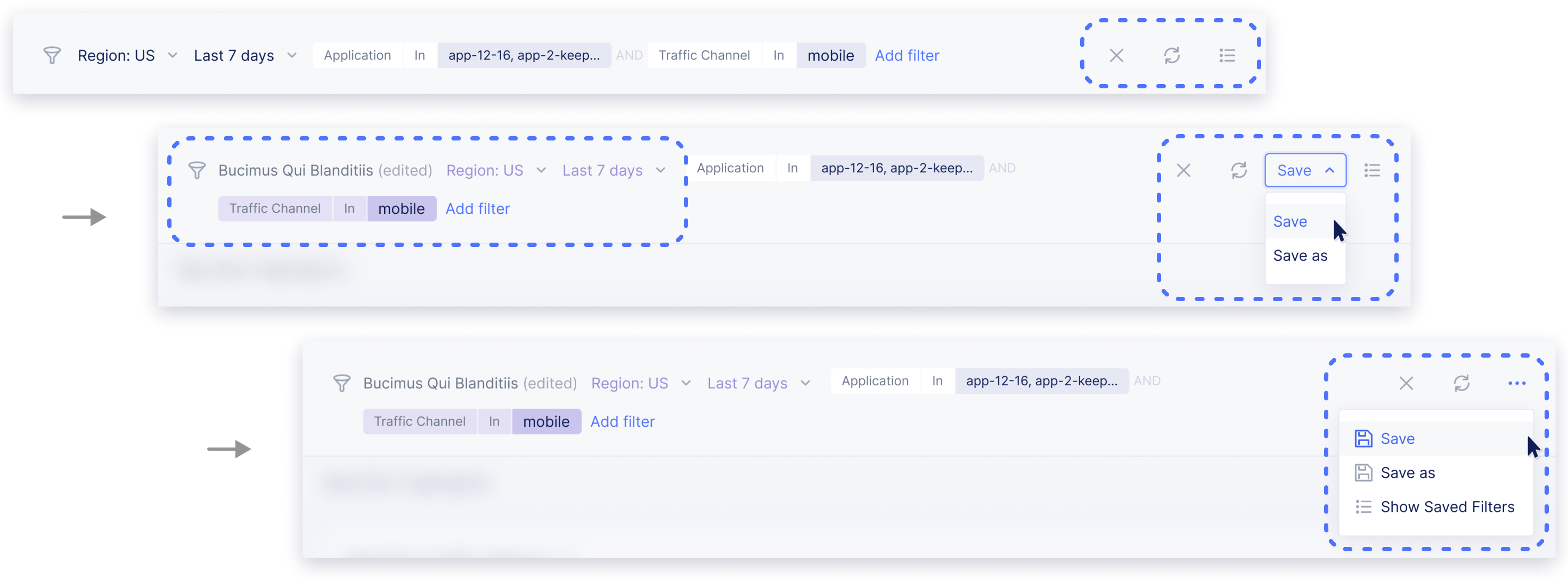 Ideate different treatments for edited part of saved filters.