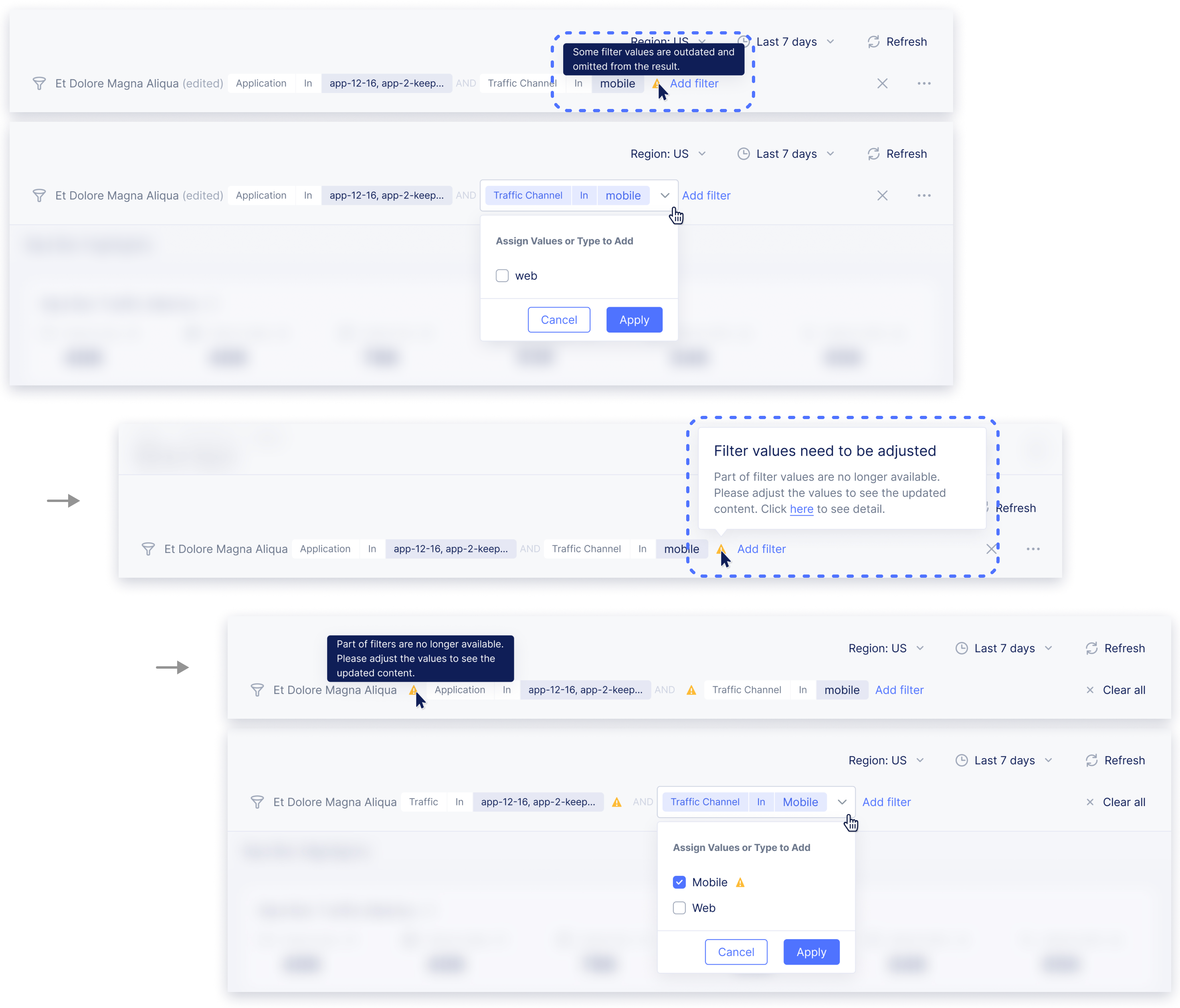 Display guidance messages on the results page to help users adjust invalid filters.